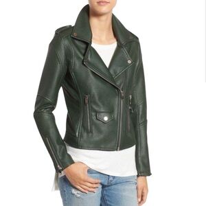 BLANKNYC Green Easy Rider Faux Leather Moto Jacket Exposed Zippers XS